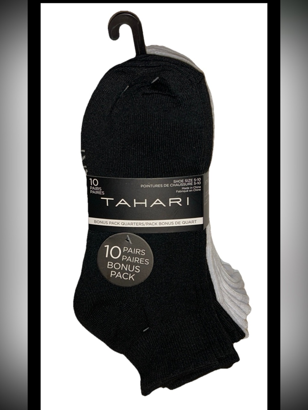 Tahari Quarters Socks 10 Pairs Women Shoe Size 5-10 Black & White w Logo NEW $36